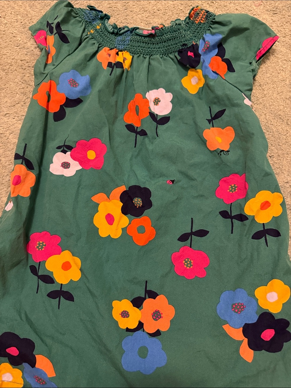 Hanna Anderson Girls' Green Floral Smocked Neck Dress
